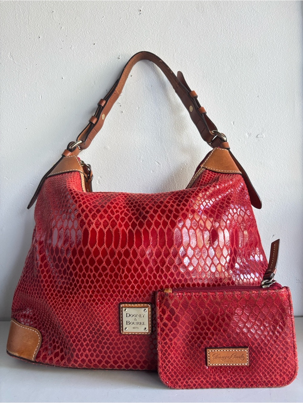 Dooney & Bourke Red Snakeu-Embossed Leather Shoulder Bag with Wristlet